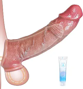 Liquid silicone penis extender sleeve featuring an integrated testicle ring and skin-like texture