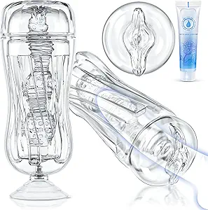 Transparent view window male masturbator with suction cup base and 3D spiral TPE tunnel