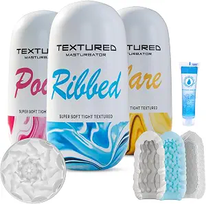 3-piece textured masturbation egg set and male masturbator in super-stretchable TPE with storage shells