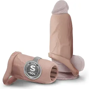 Open-glans platinum silicone pleasure sleeve featuring a flexible core and integrated base strap